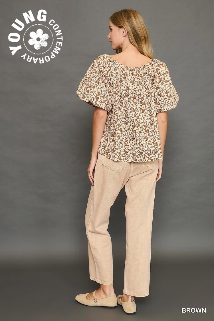 Umgee Floral Print Top with Lace Tape Drawstring