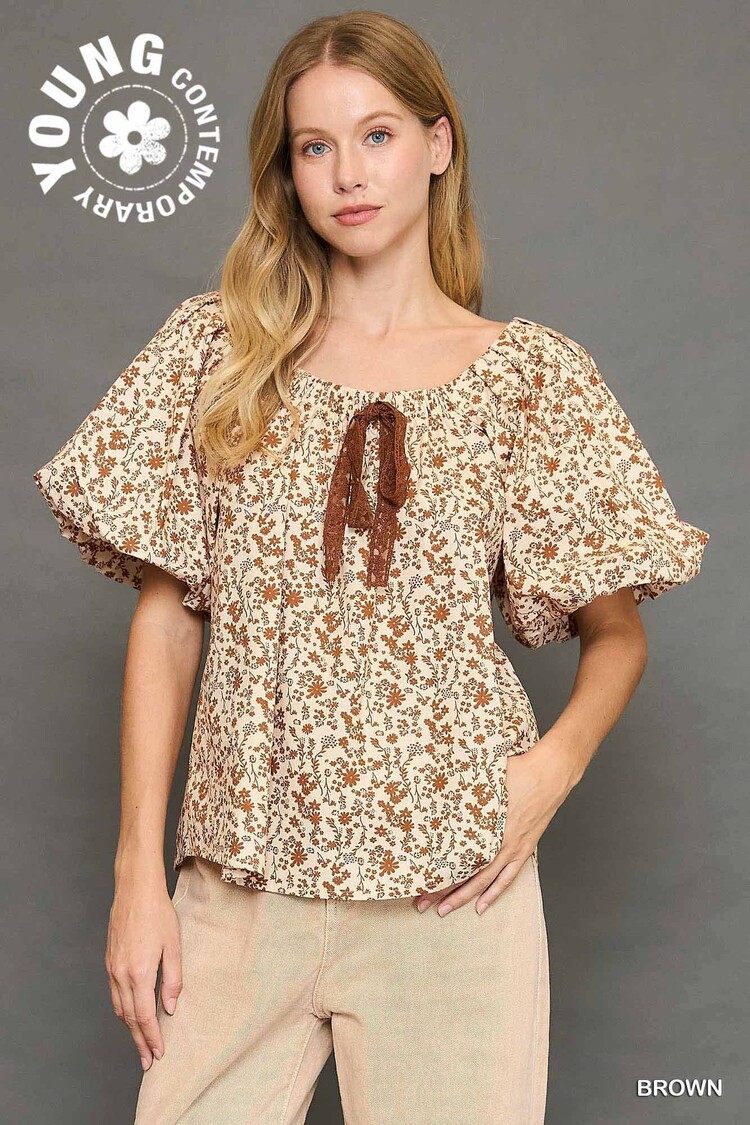 Umgee Floral Print Top with Lace Tape Drawstring
