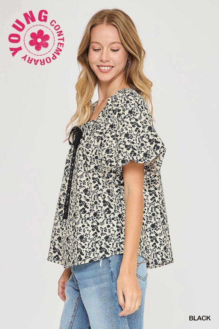 Umgee Floral Print Top with Lace Tape Drawstring