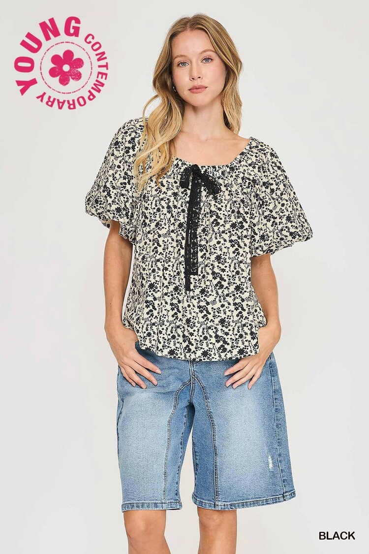 Umgee Floral Print Top with Lace Tape Drawstring