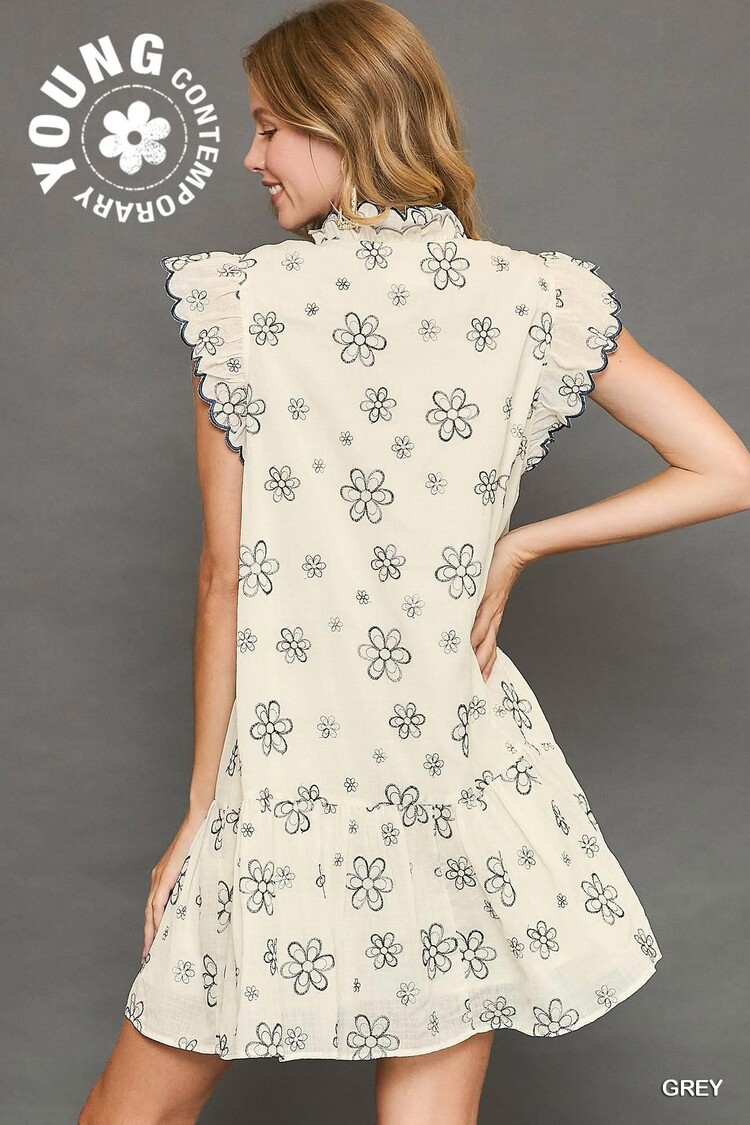 Umgee Embroidered Mini Dress with Scalloped Sleeves and Neckline