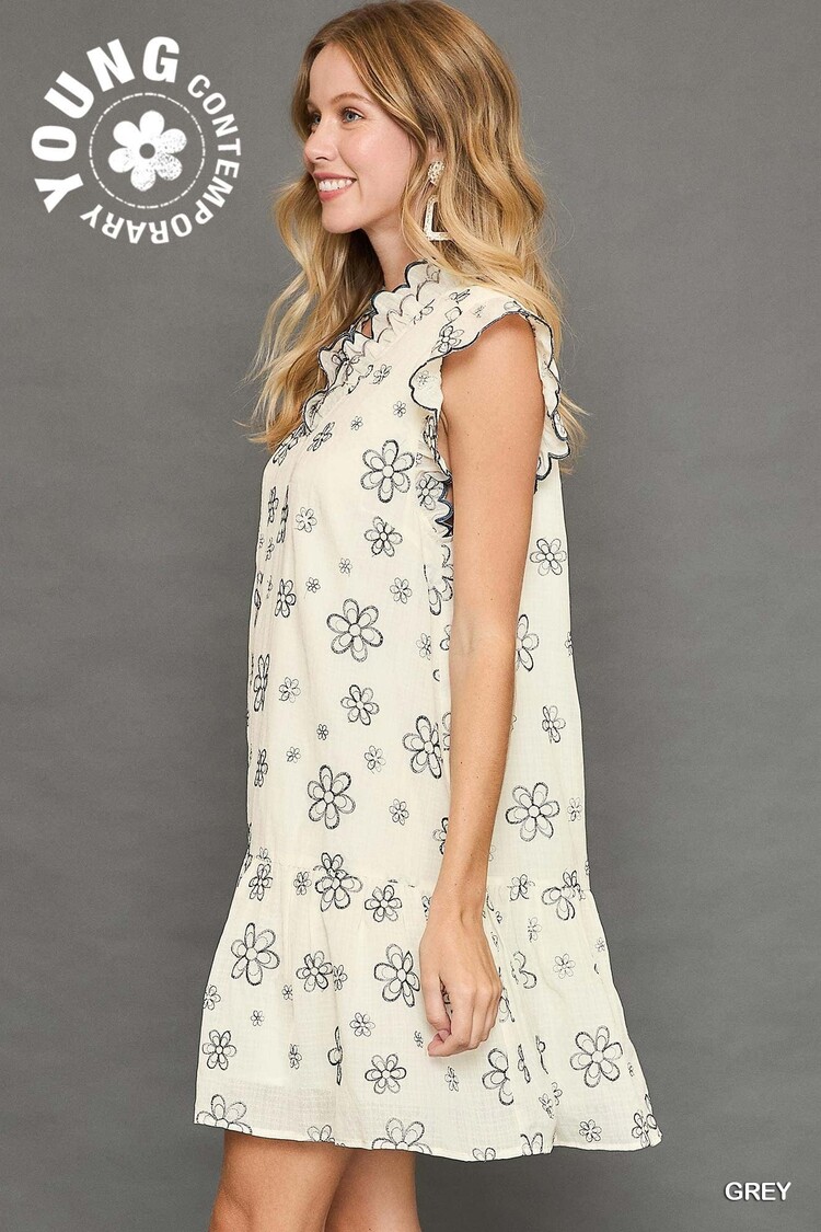 Umgee Embroidered Mini Dress with Scalloped Sleeves and Neckline