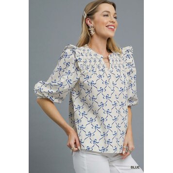 Umgee Bow Print Smocked Ruffle Sleeve Blouse