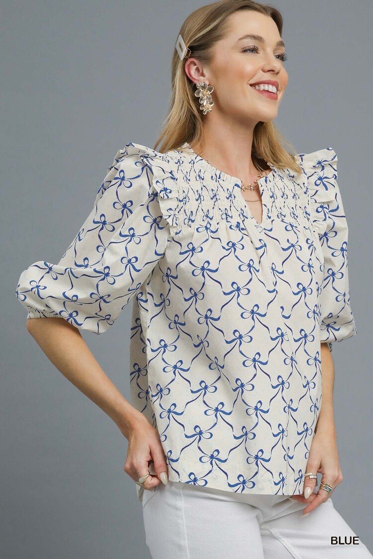 Umgee Bow Print Smocked Ruffle Sleeve Blouse