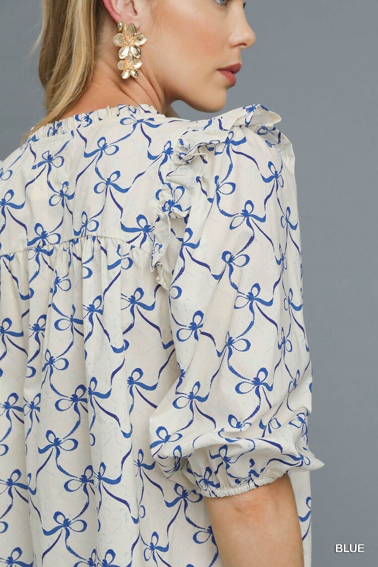 Umgee Bow Print Smocked Ruffle Sleeve Blouse