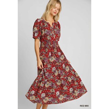 Umgee Floral Print Tiered Midi Dress with Elastic Waist
