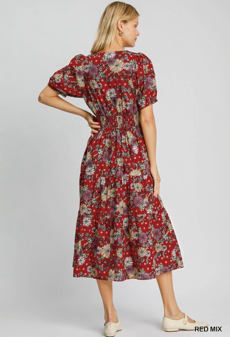 Umgee Floral Print Tiered Midi Dress with Elastic Waist