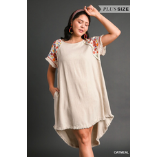 Umgee Linen Short Sleeve Embroidery Dress with High Low Hem