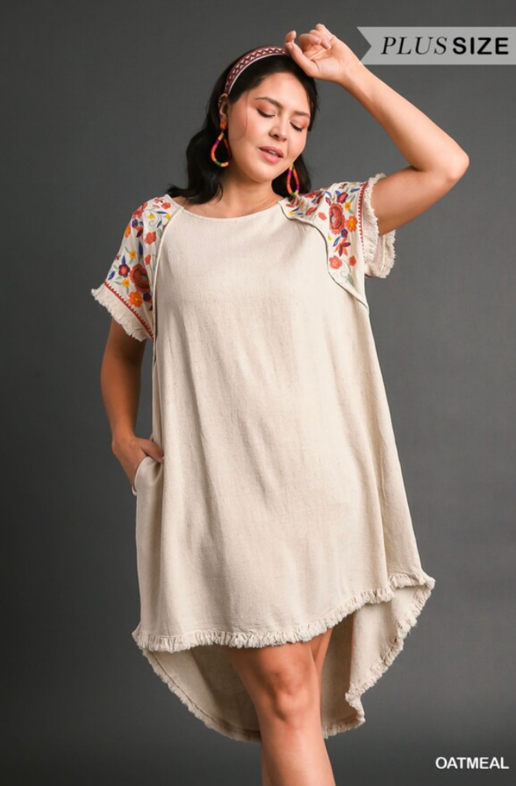 Umgee Linen Short Sleeve Embroidery Dress with High Low Hem