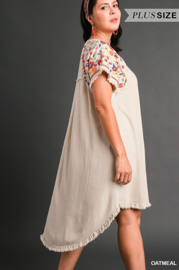 Umgee Linen Short Sleeve Embroidery Dress with High Low Hem