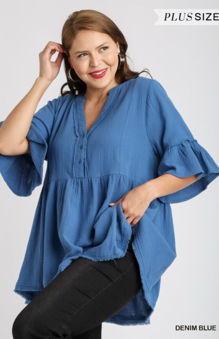 Umgee Cotton Gauze Baby Doll Top with Buttons