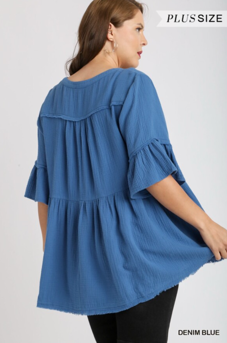 Umgee Cotton Gauze Baby Doll Top with Buttons