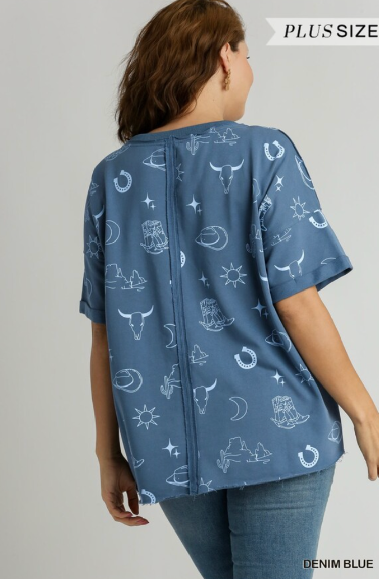 Umgee Boxy Cut Round Neck French Terry Top with Frayed Hem