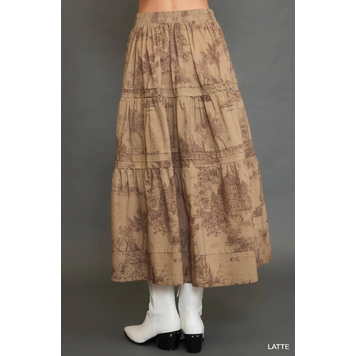 Umgee Two Tone Landscape Print Tiered Maxi Skirt