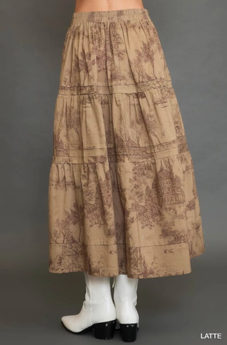 Umgee Two Tone Landscape Print Tiered Maxi Skirt