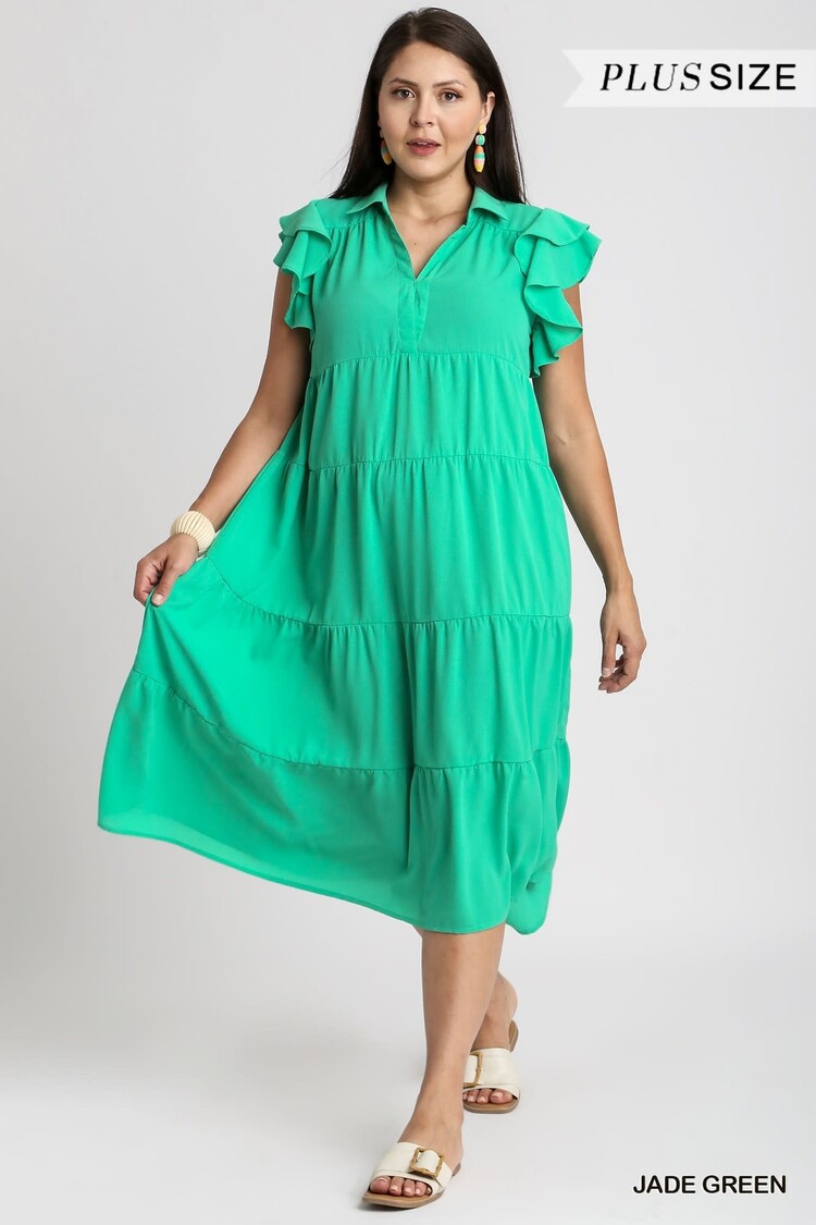 Umgee A-Line Collared Tiered Midi Dress with Ruffle Layer