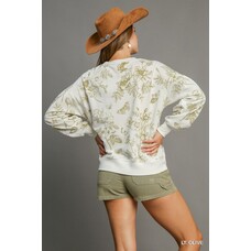 Umgee Olive Floral Print French Terry Top