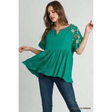 Small Linen Baby Doll Split Neck Top with  Embroidery