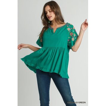 Small Linen Baby Doll Split Neck Top with  Embroidery