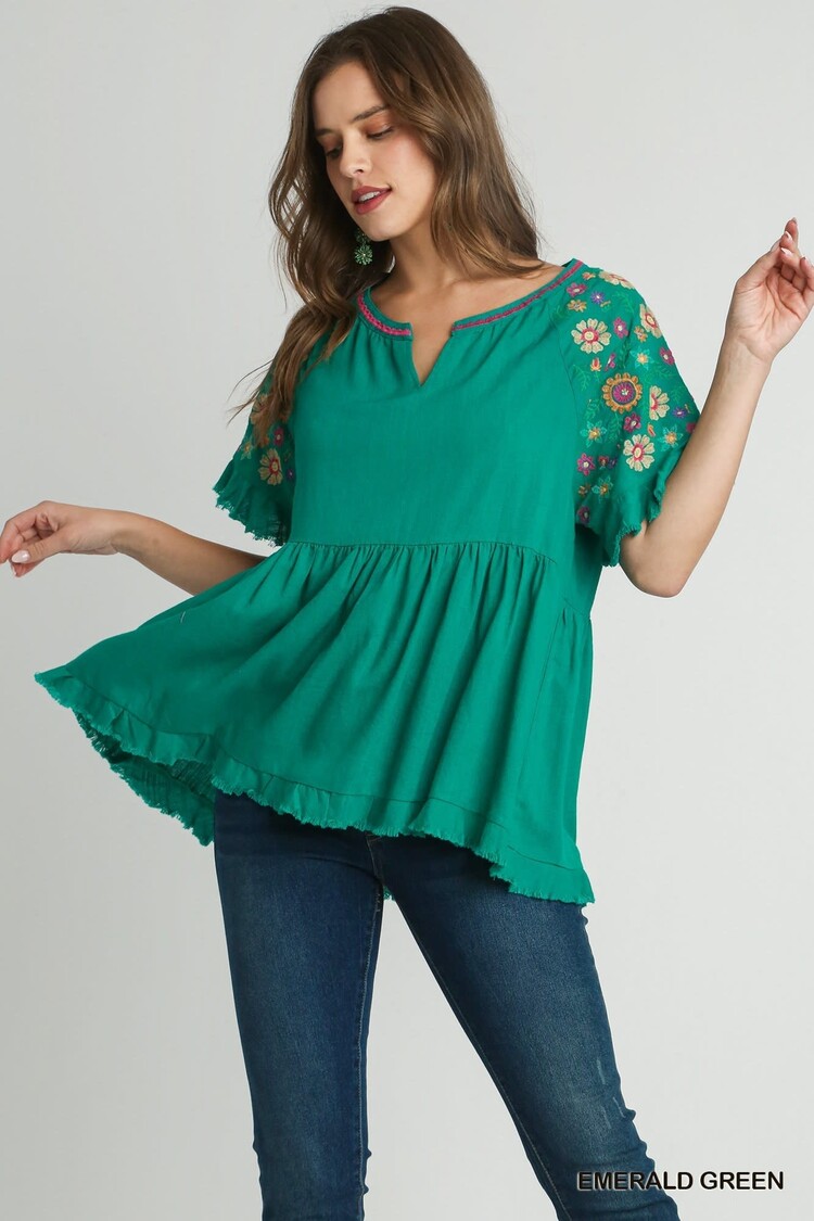 Small Linen Baby Doll Split Neck Top with  Embroidery