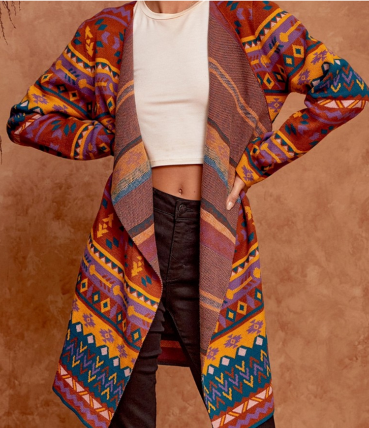 SJ Cardigan with Aztec Pattern Rust Teal 1X
