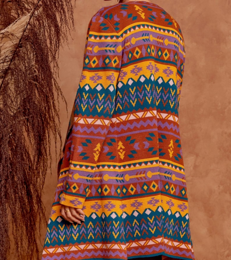 SJ Cardigan with Aztec Pattern Rust Teal 1X