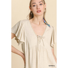 Umgee Linen Blend Criss Cross Tie Front V-Neck Dress Oatmeal M