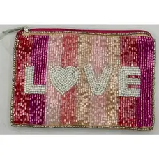 Pizzazz Pink Striped Love Beaded Mini Pouch