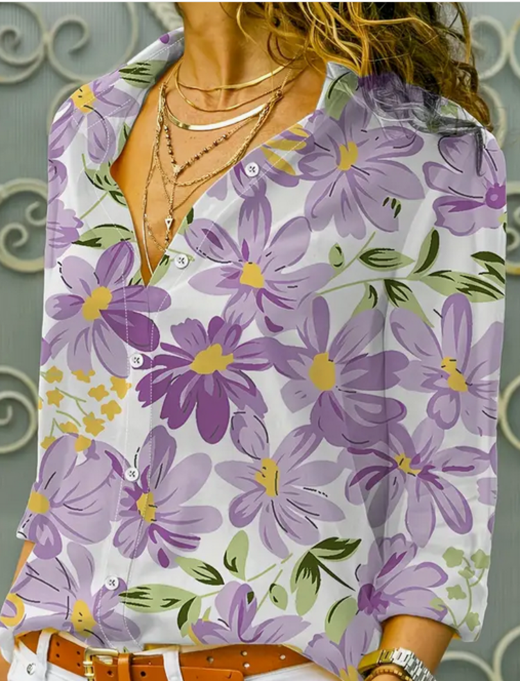 Floral Print Button Top Violet XL
