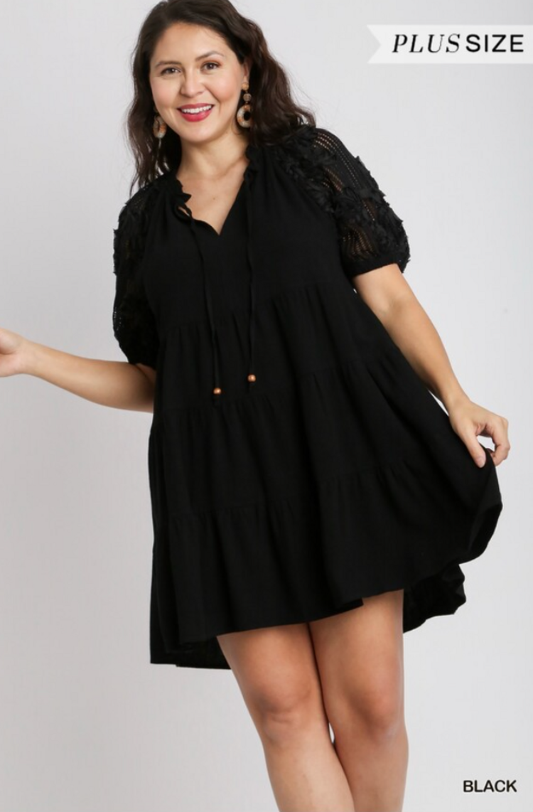 Umgee Linen Tiered Dress with V-Neck Ruffle Split Neck