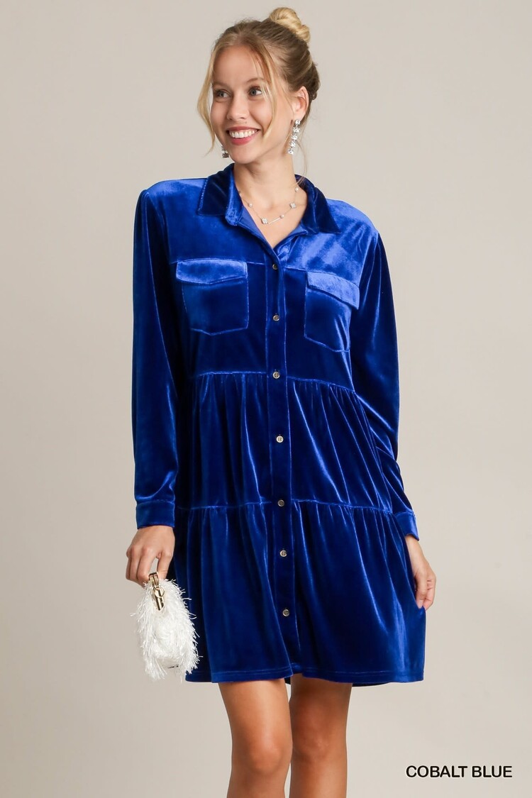 Umgee UM Velvet Tiered Dress Cobalt Blue S