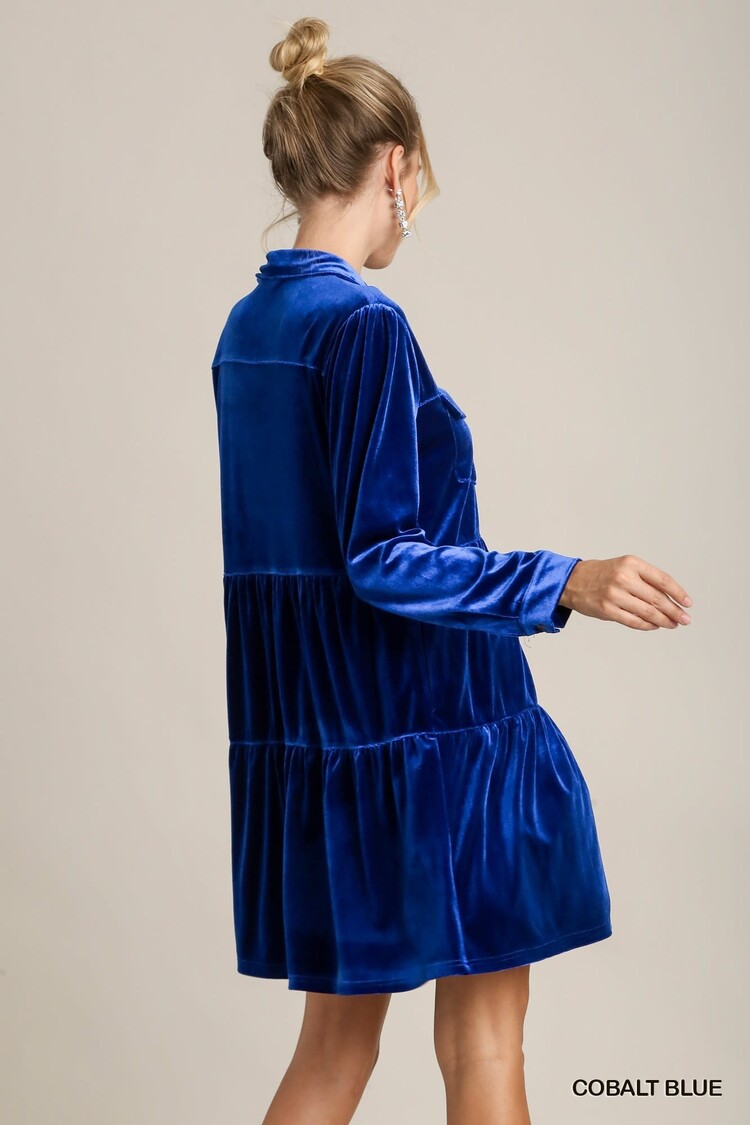 Umgee UM Velvet Tiered Dress Cobalt Blue S