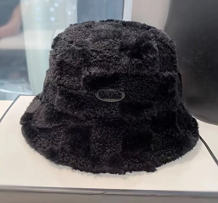 Black Checked Faux Fur Winter Bucket Hat