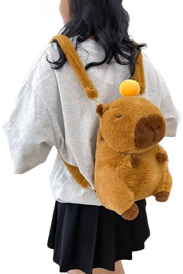 Capybara Fuzzy Faux Fur Stuffed Doll Backpack - 13 Inch