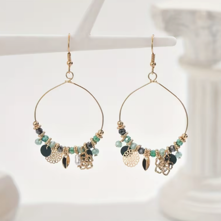 Bohemian Green Beads Hoop Earrings