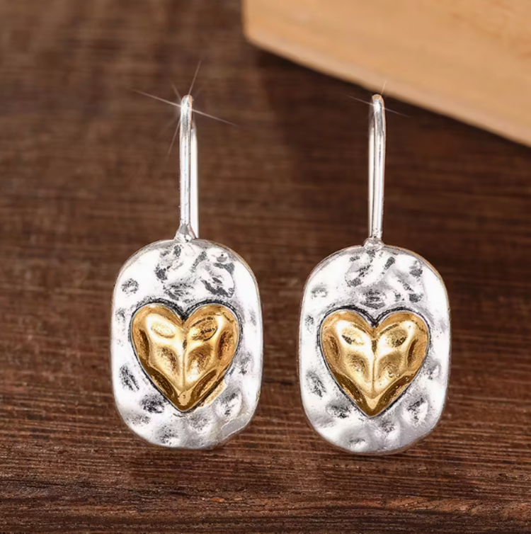 Retro Two Tone Heart Drop Earrings