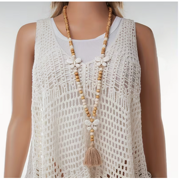 Wood Bead with Butterfly Charms Long Tassel Necklace