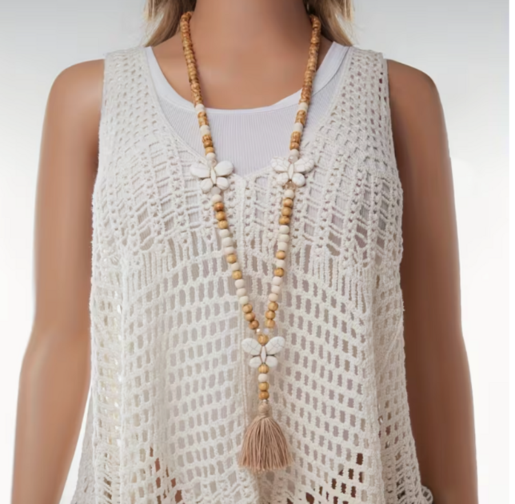 Wood Bead with Butterfly Charms Long Tassel Necklace