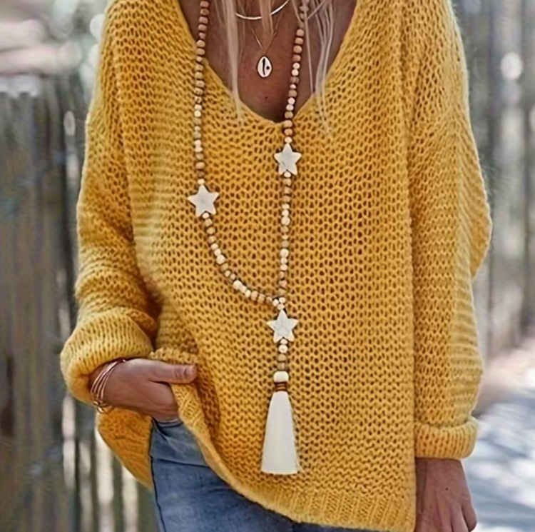 Wood Bead with Star Charms Long Tassel Necklace