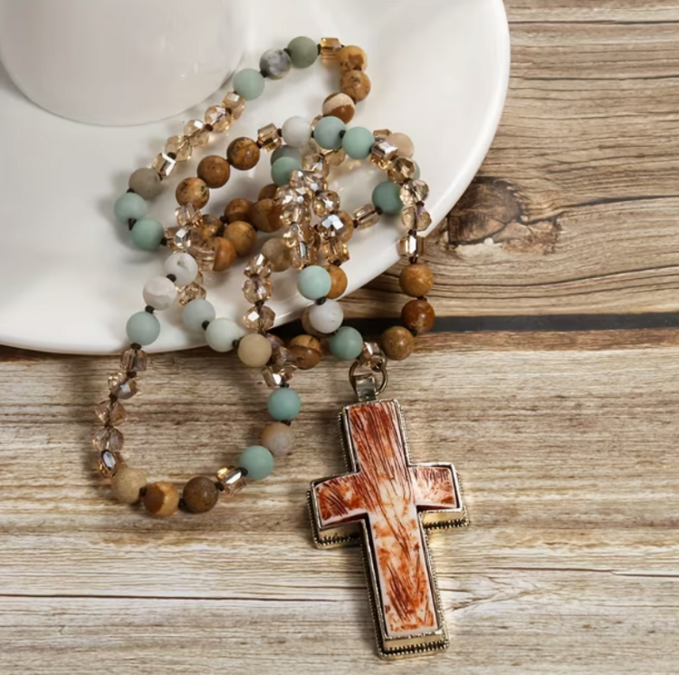 Bohemian Natural Stone Cross Pendant Necklace Beige