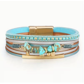Turquoise Blue Beads & Golden-Tone Stacked Bracelet