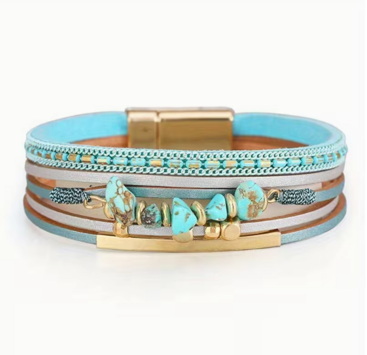Turquoise Blue Beads & Golden-Tone Stacked Bracelet