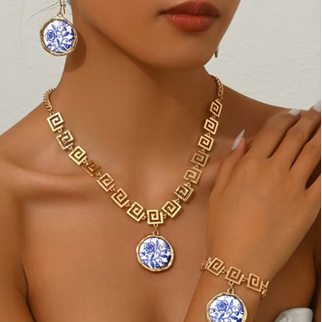 Greek Blue and White Porcelain Jewelry Set