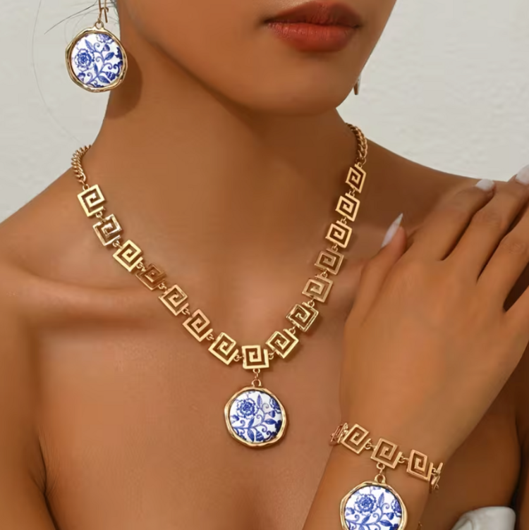 Greek Blue and White Porcelain Jewelry Set
