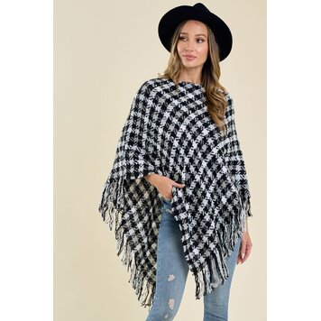 Multi Color Crochet Knit Poncho With Fringe Trim