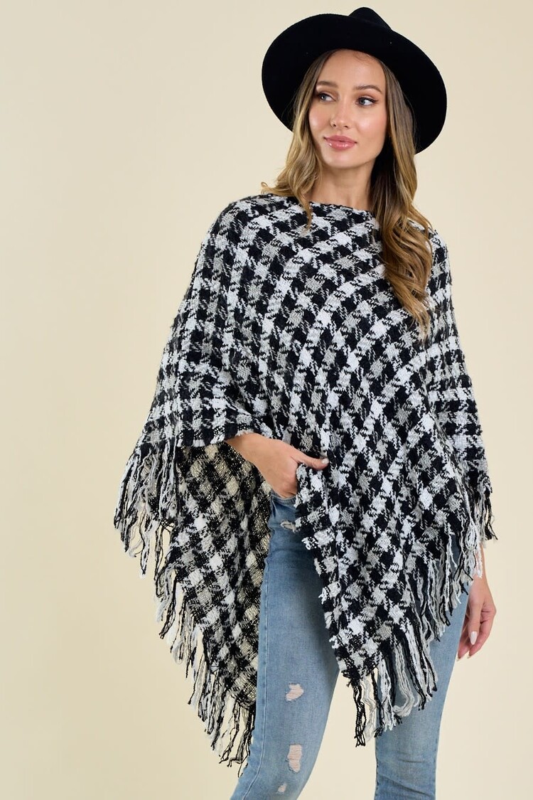 Multi Color Crochet Knit Poncho With Fringe Trim
