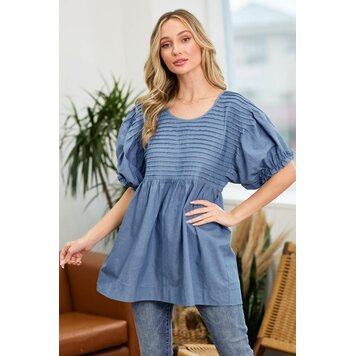 Denim Balloon Sleeve Front Pleat Tunic Top