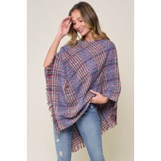 Fashion Go Cozy Multi Color Plaid Poncho  Blue