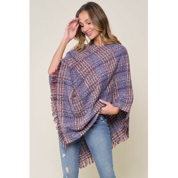 Cozy Multi Color Plaid Poncho  Blue