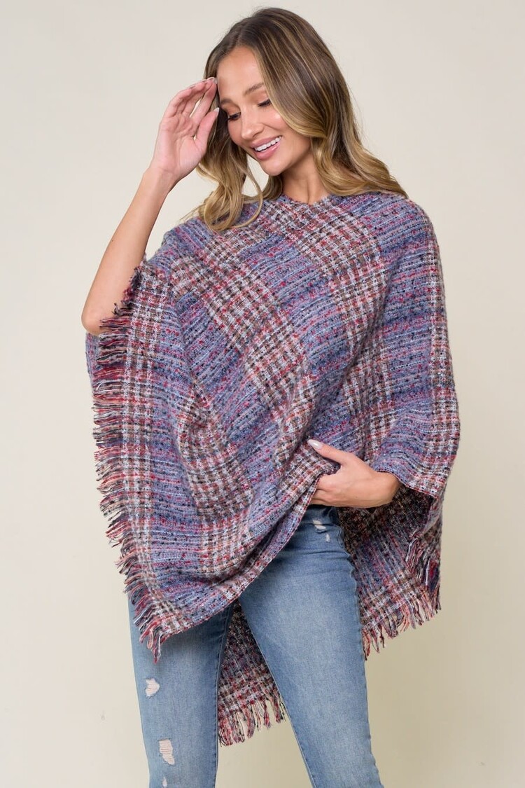Cozy Multi Color Plaid Poncho  Blue